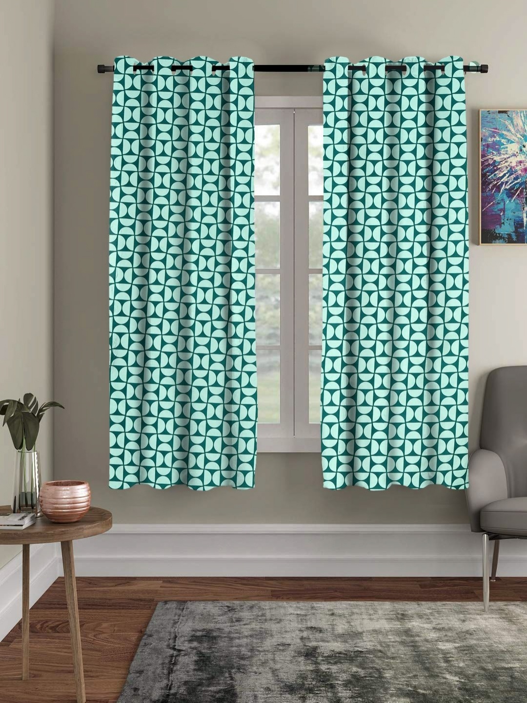 

Myntra Elegant Homes Green Set of 2 Geometric Window Curtains