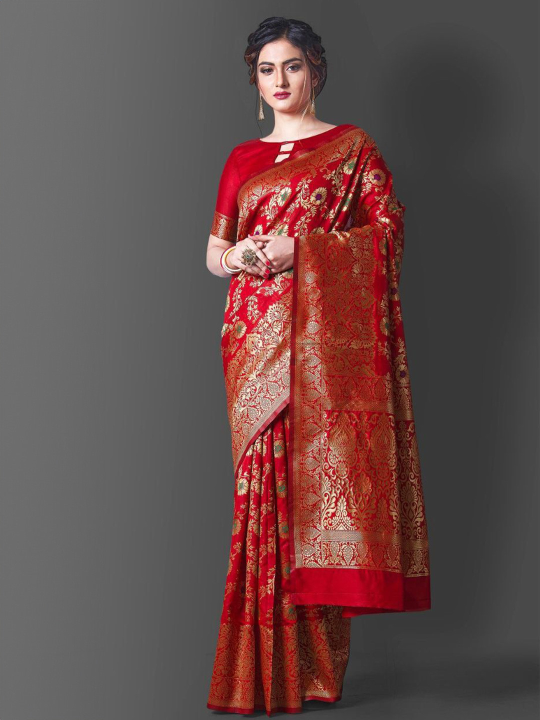 

Jinax Woven Design Zari Pure Silk Banarasi Saree, Red