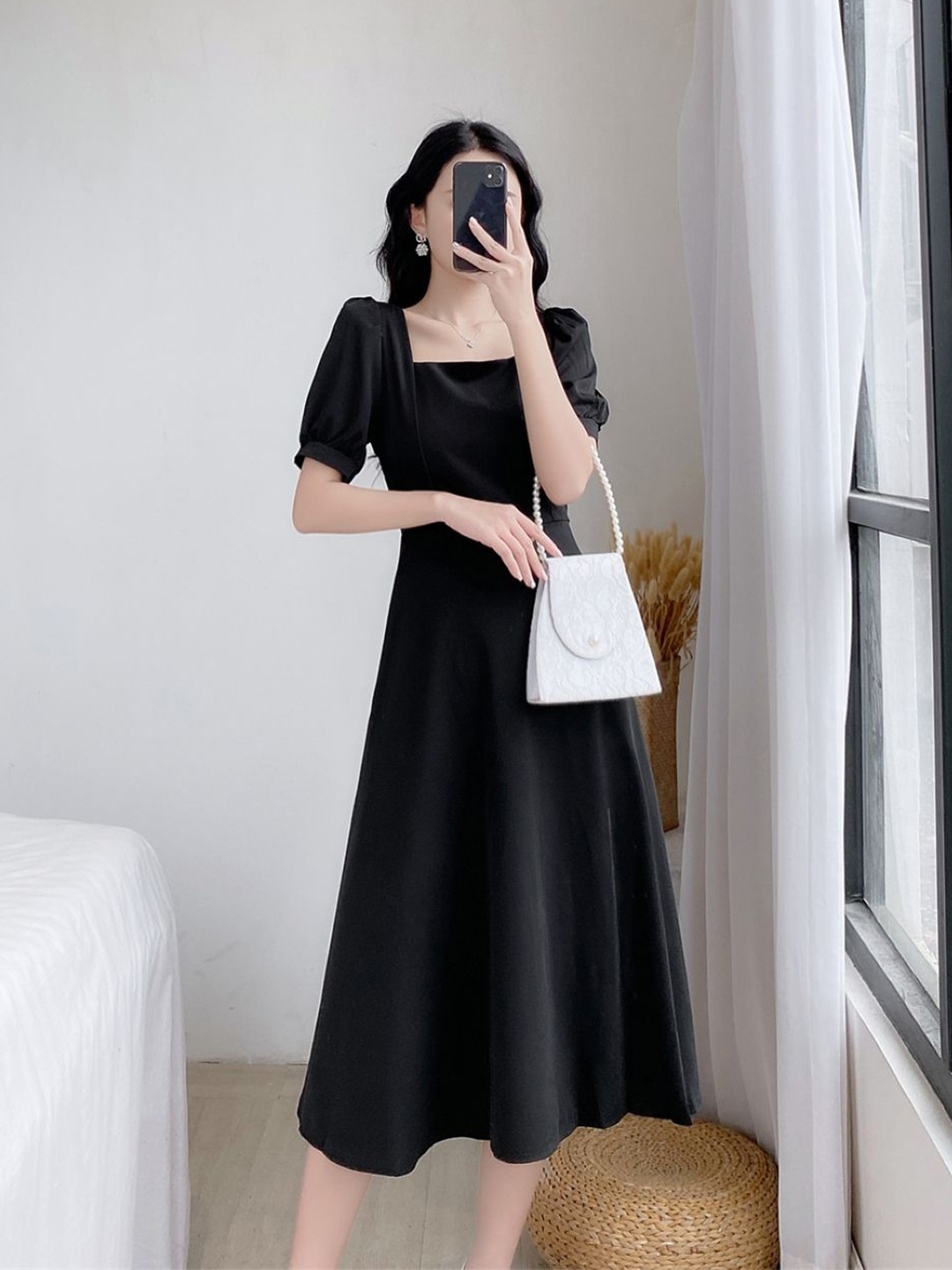 

StyleCast Puff Sleeve A-Line Midi Dress, Black