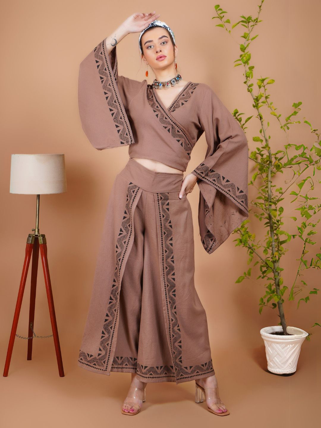

Boholyfe Printed Khadi Cotton Top With Palazzo, Coffee brown
