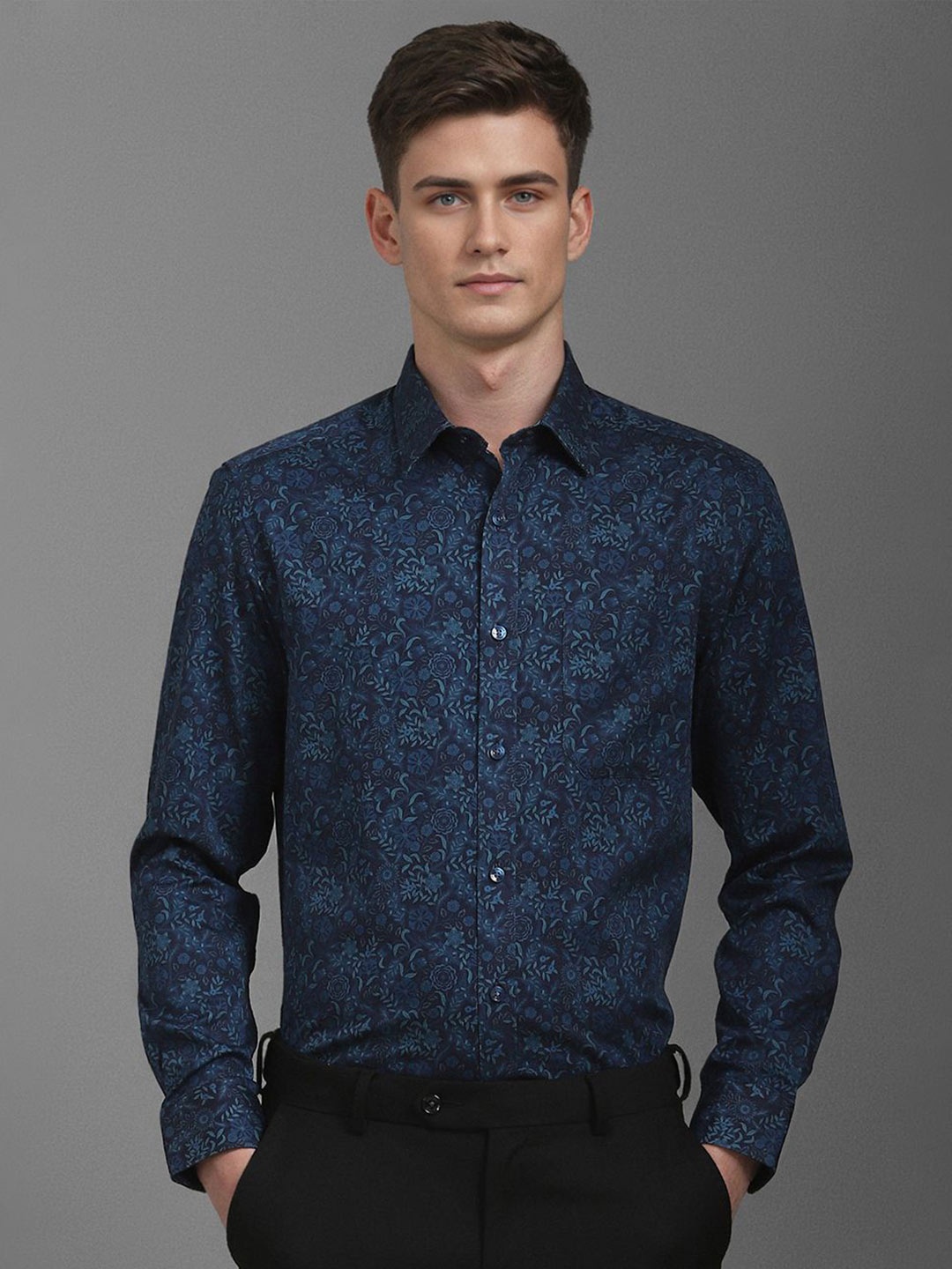 

Louis Philippe Men Classic Floral Opaque Printed Formal Shirt, Navy blue