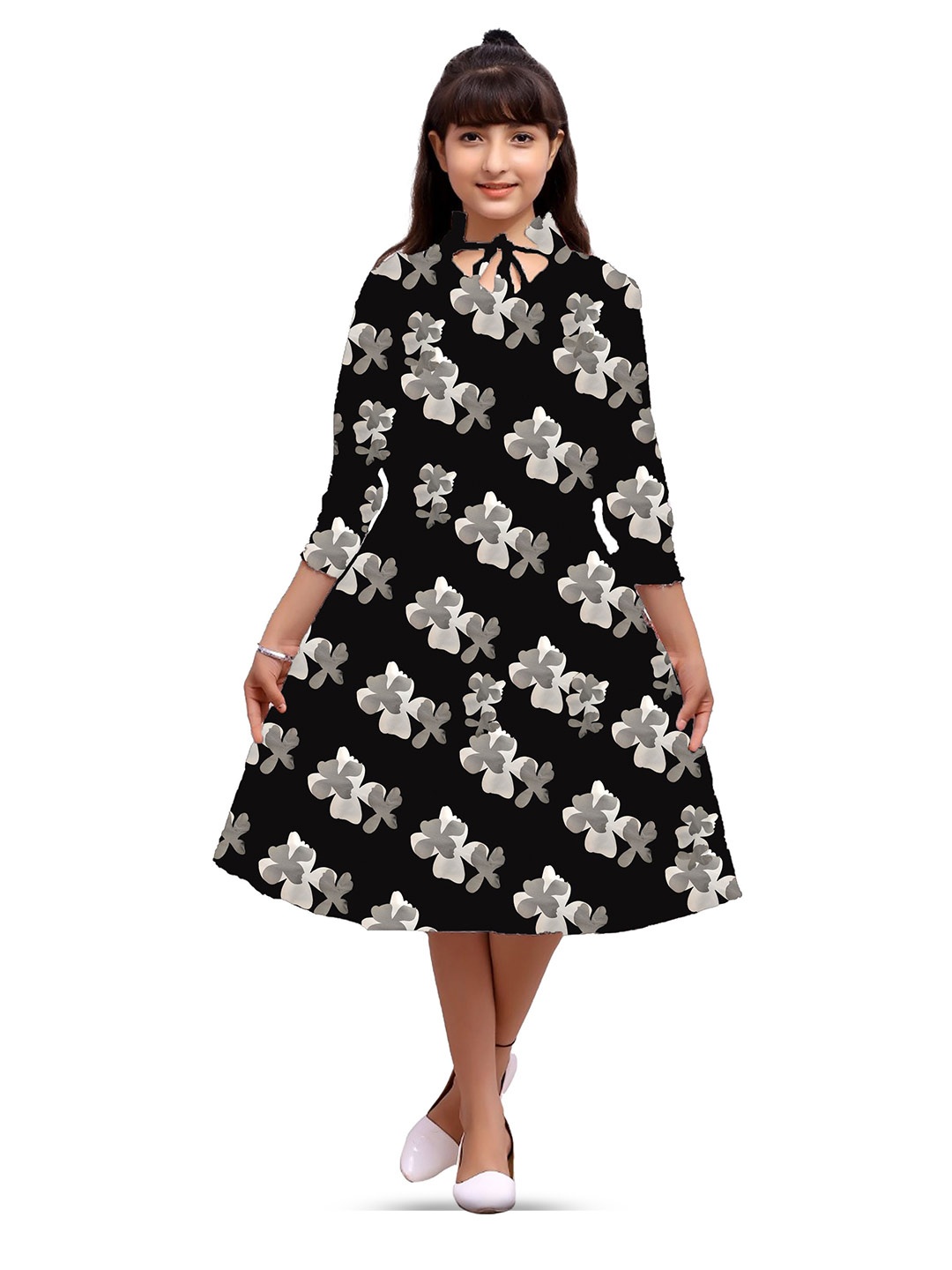 

FELLAMO Girls Floral Printed A-Line Midi Dress, Black