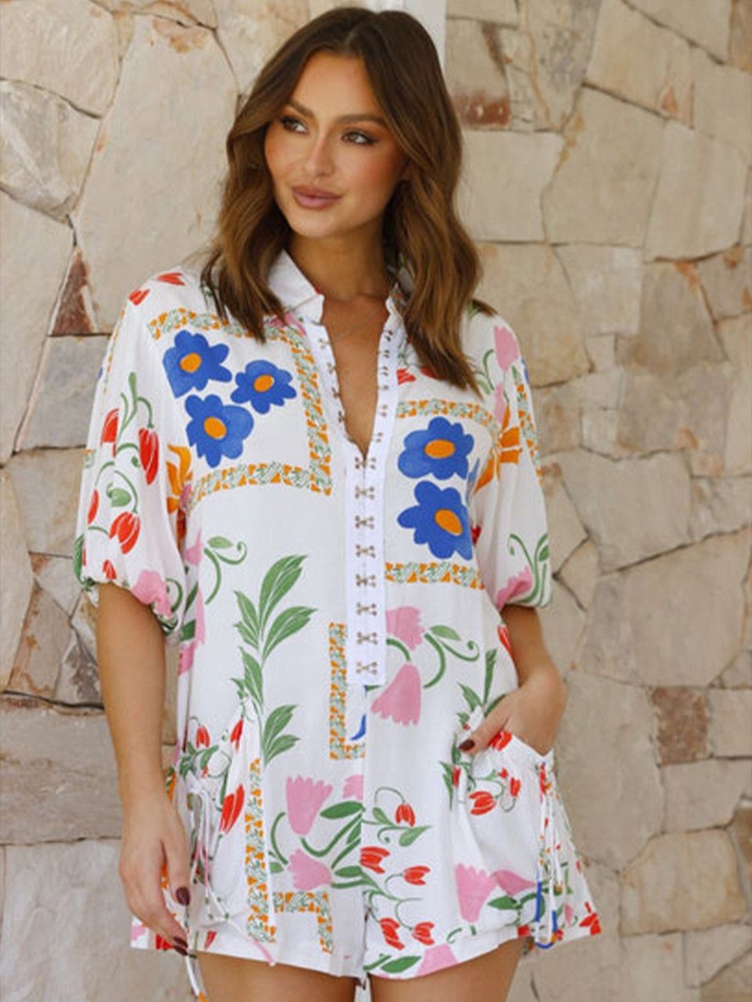 

StyleCast Women Printed Shirt Collar Jumpsuit, White