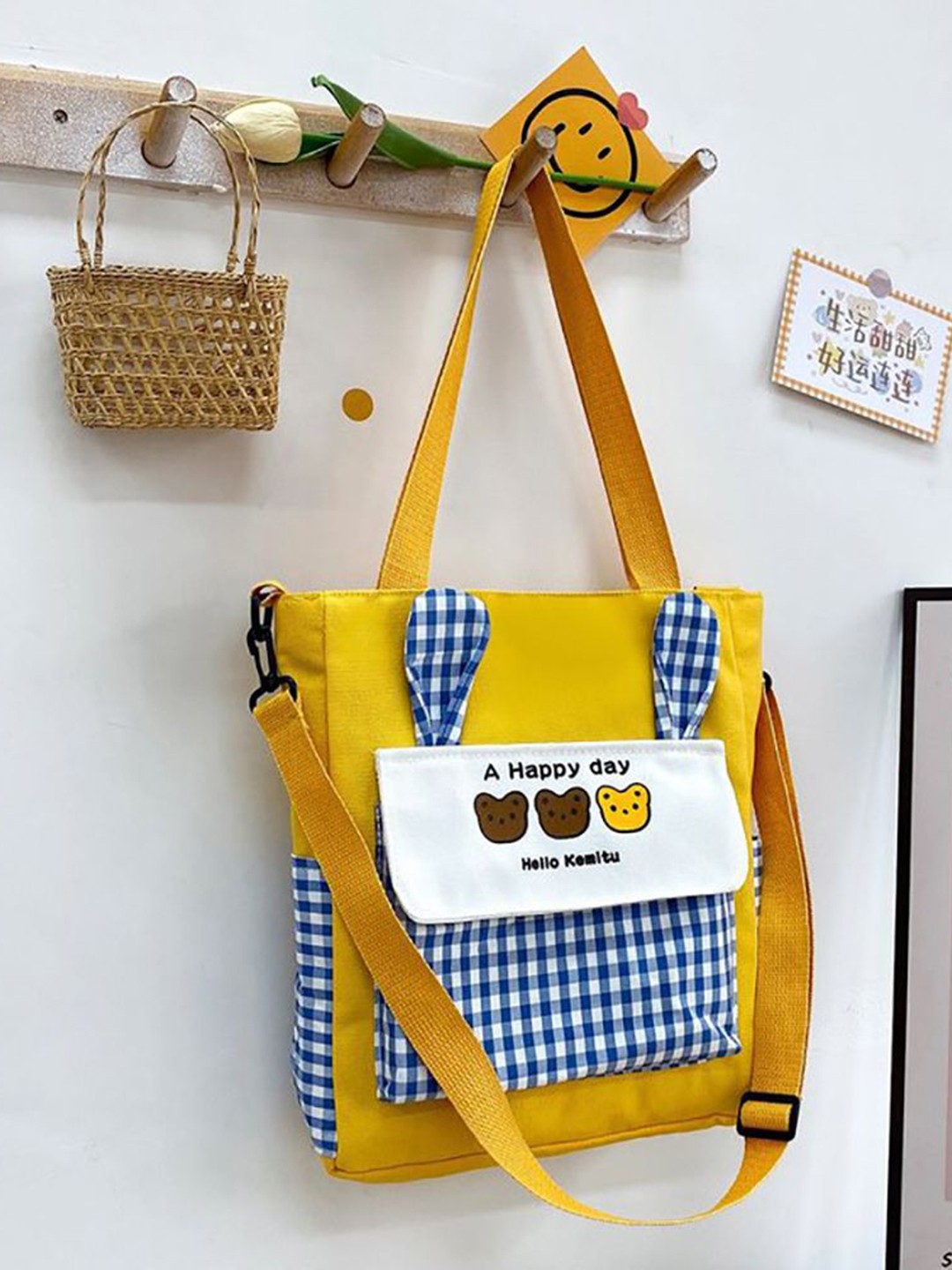 

StyleCast x Revolte Checked Shopper Handheld Bag with Applique, Yellow