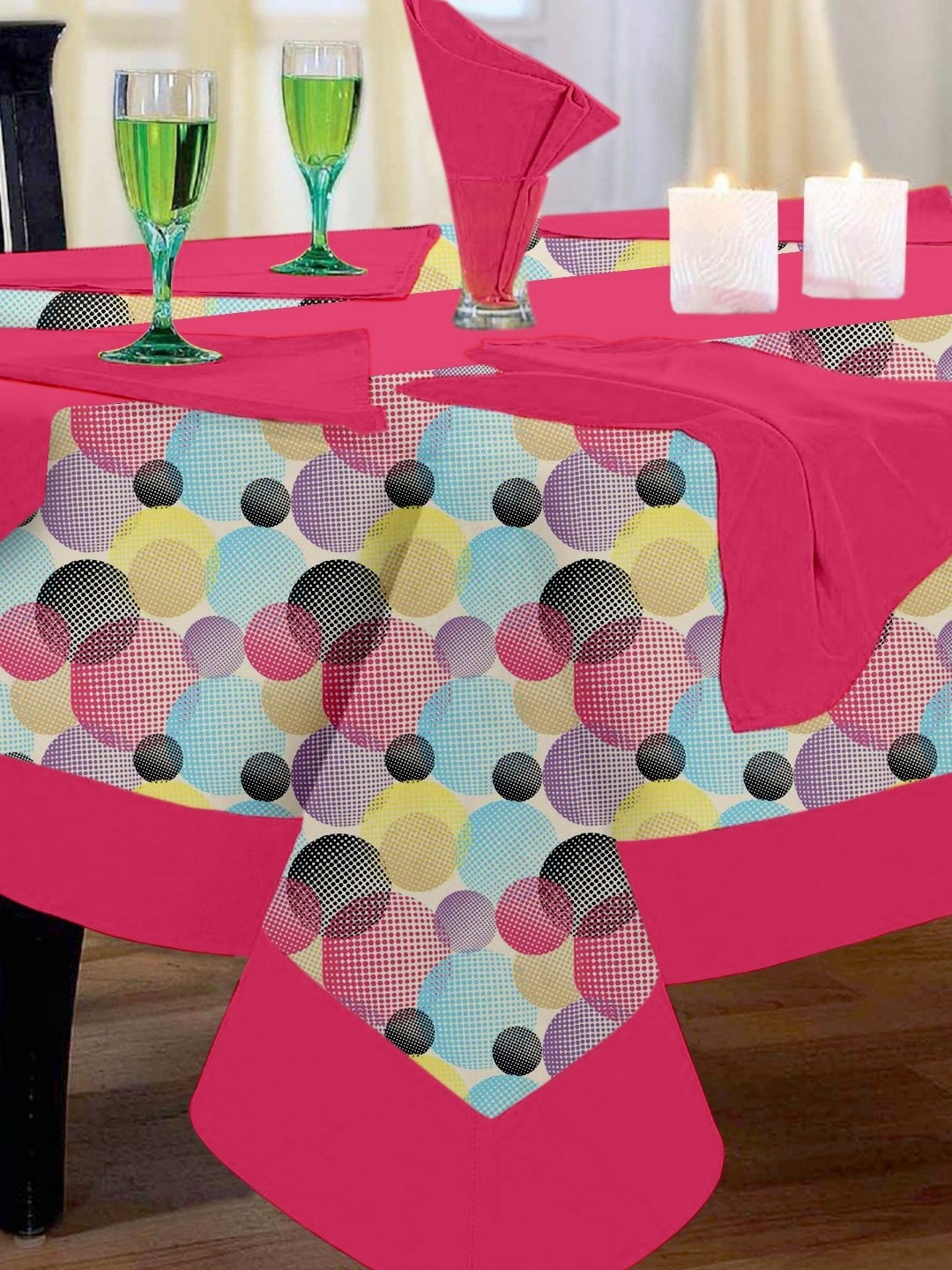 

Lushomes 8-Pcs Pink & Blue Circles Printed Table Cloth Runner & Napkins Dining Table Set