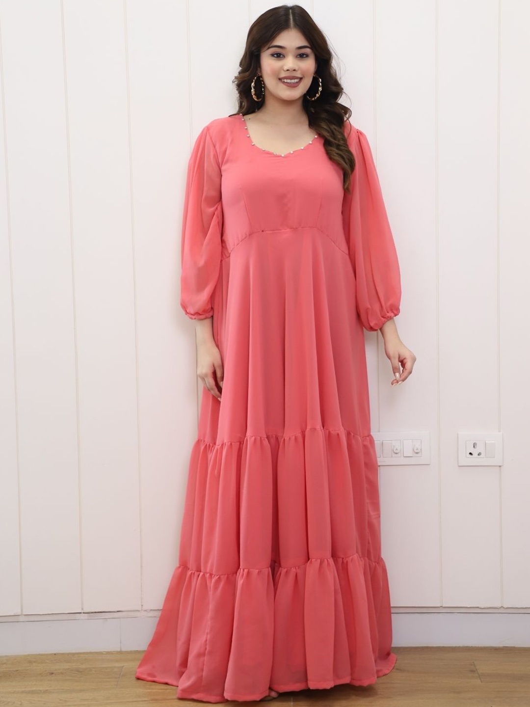 

Swadeshi Shringaar Women Round Neck Maxi Dress, Peach