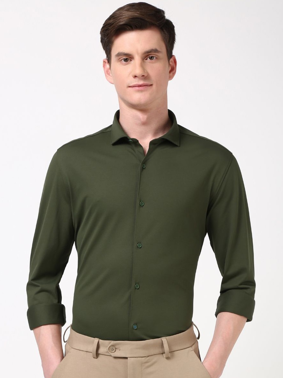 

Peter England Men Super Slim Fit Opaque Formal Shirt, Olive