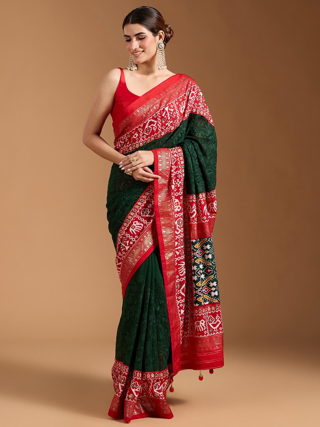 

Jinal & Jinal Ethnic Motifs Chikankari Pure Georgette Patola Saree, Green