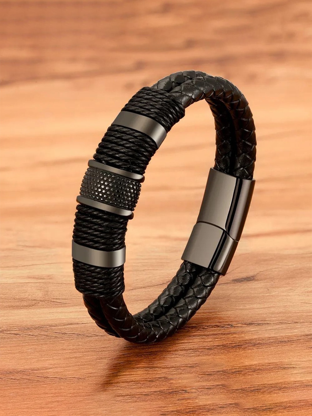 

MEENAZ Men Leather Wraparound Bracelet, Black
