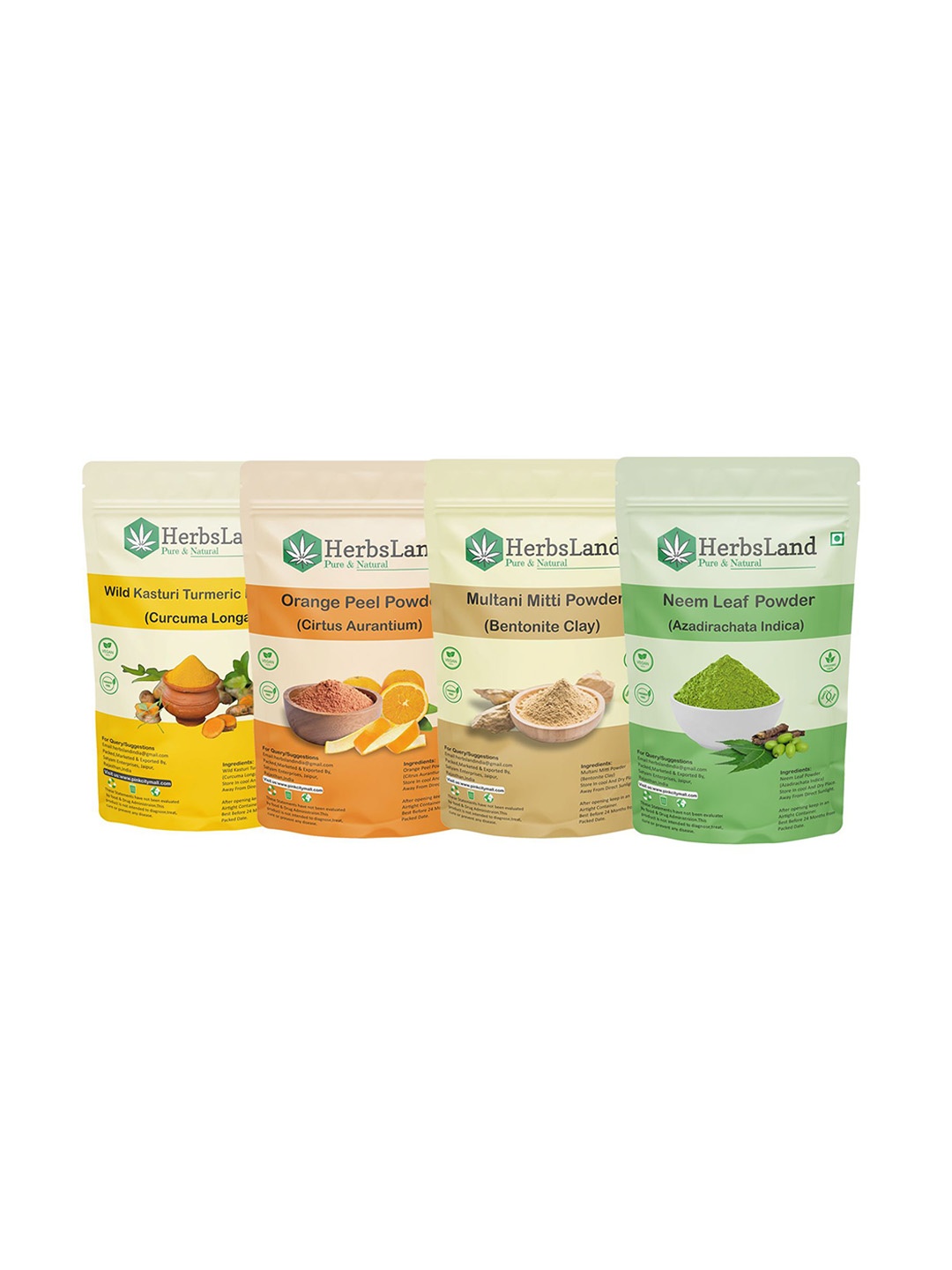 

HerbsLand Set Of 4 Wild Kasturi Turmeric, Orange Peel, Neem Leaf & Multani Mitti Powder, Green