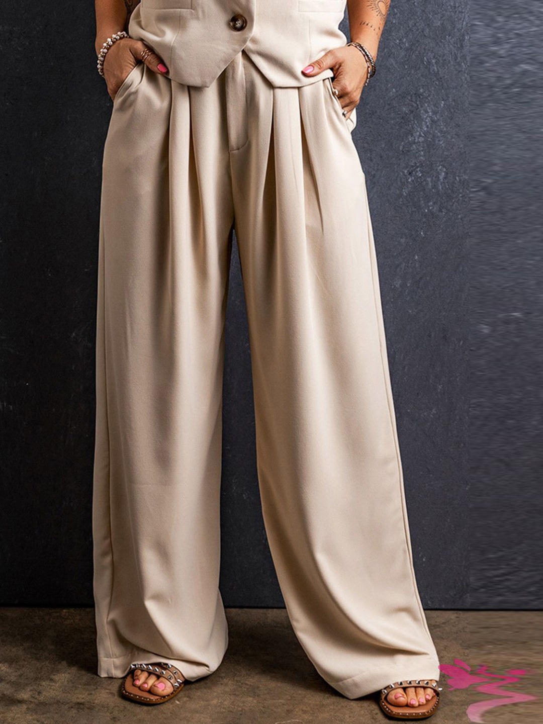 

StyleCast Women Pleated Wide Leg Trouser, Beige