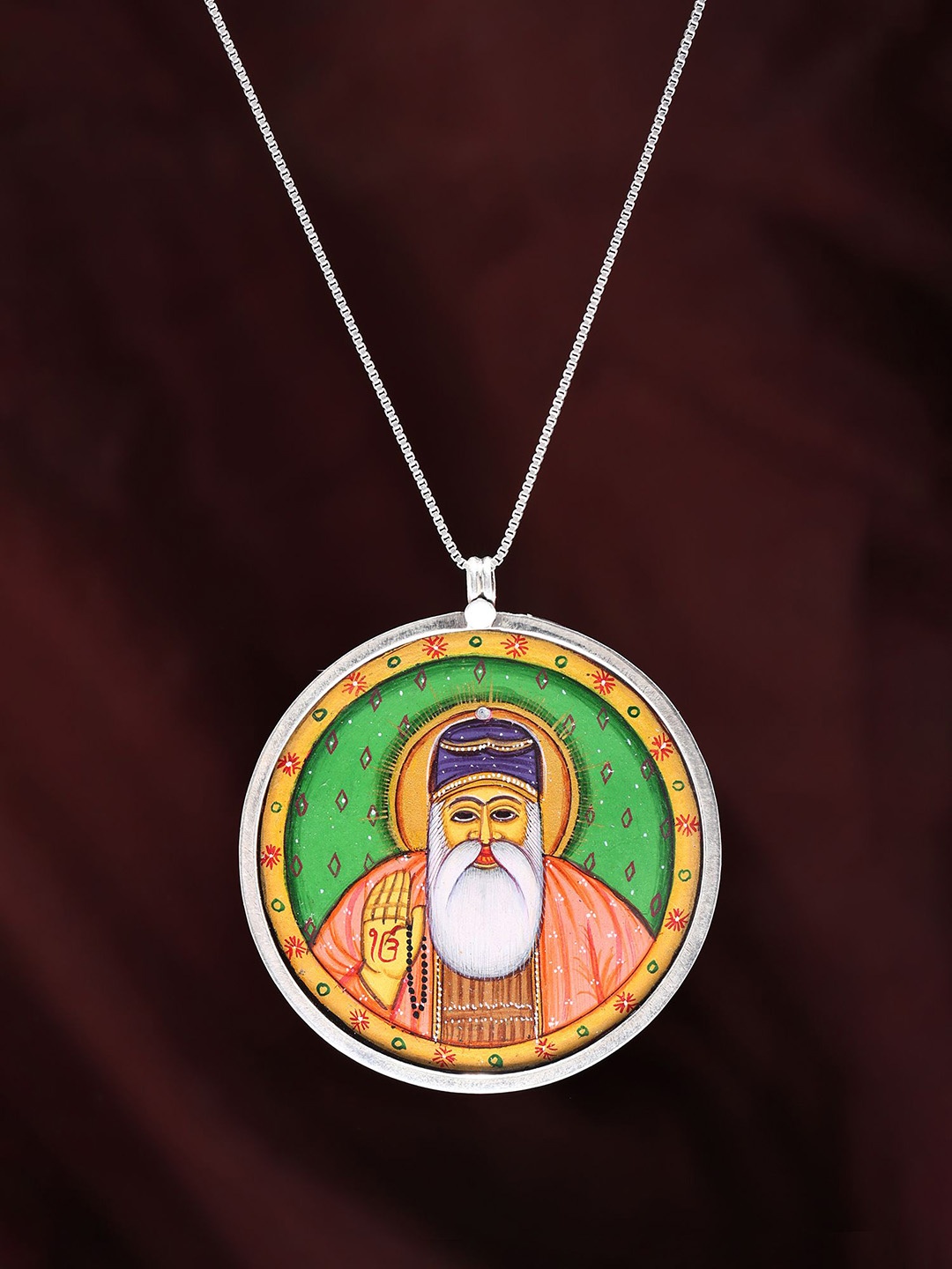

Exotic India Round Shaped Hand Painted Shri Guru Nanak Dev Ji Pendant, Silver