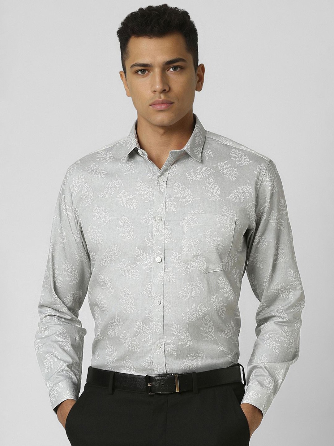 

V Dot Men Slim Fit Floral Opaque Printed Party Shirt, Grey