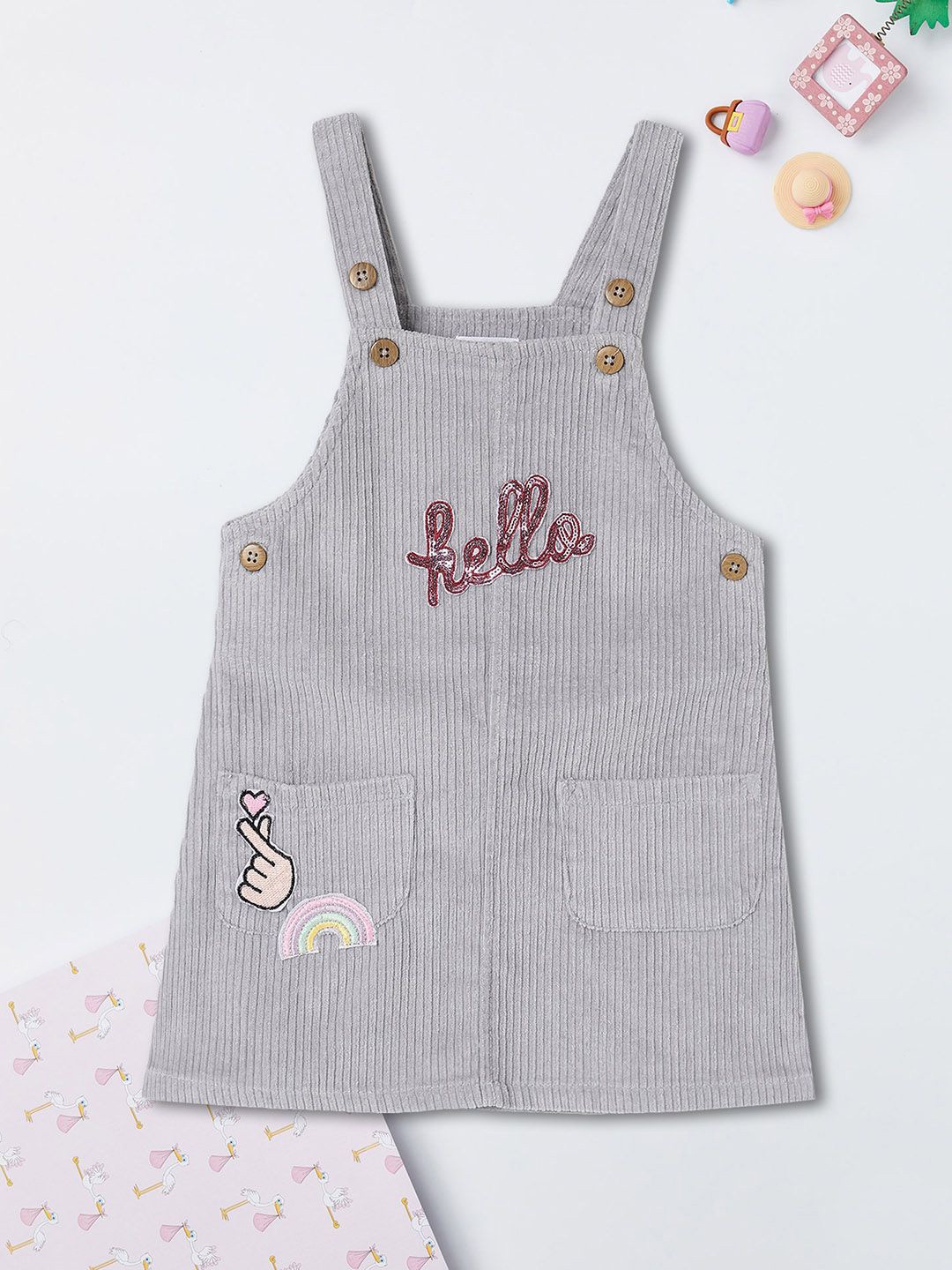 

max Girls Embroidered Cotton Pinafore Dress, Grey