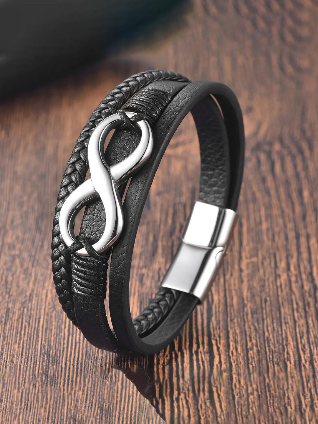 

MEENAZ Men Leather Oxidised Silver-Plated Multistrand Bracelet
