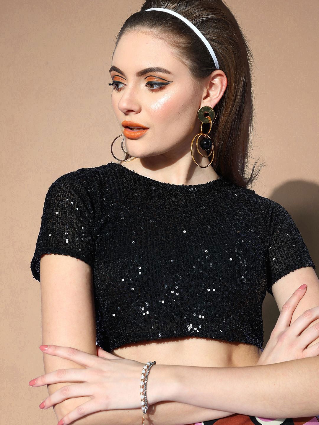

SASSAFRAS Embellished Net Crop Top, Black