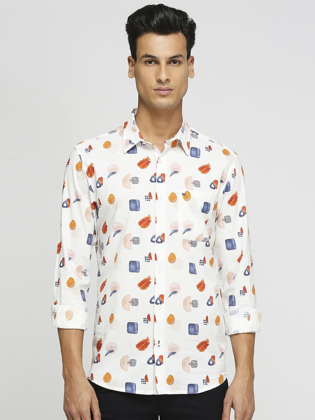 

Basics Men Slim Fit Opaque Printed Casual Shirt, White