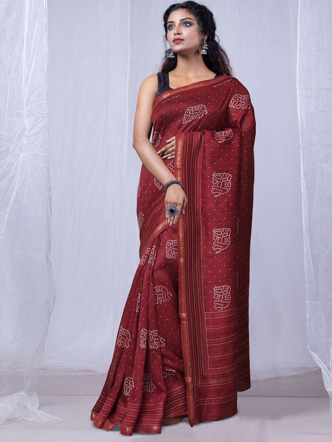 

Unnati Silks Bandhani Printed Handloom Chanderi Saree, Burgundy