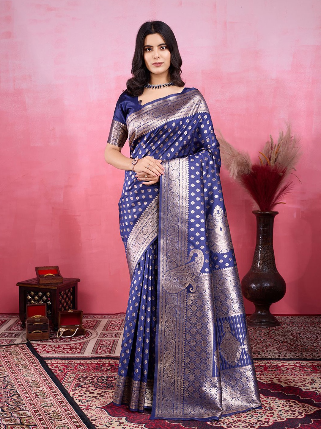 

V3 FASHION STUDIO Woven Design Zari Pure Silk Banarasi Saree, Blue