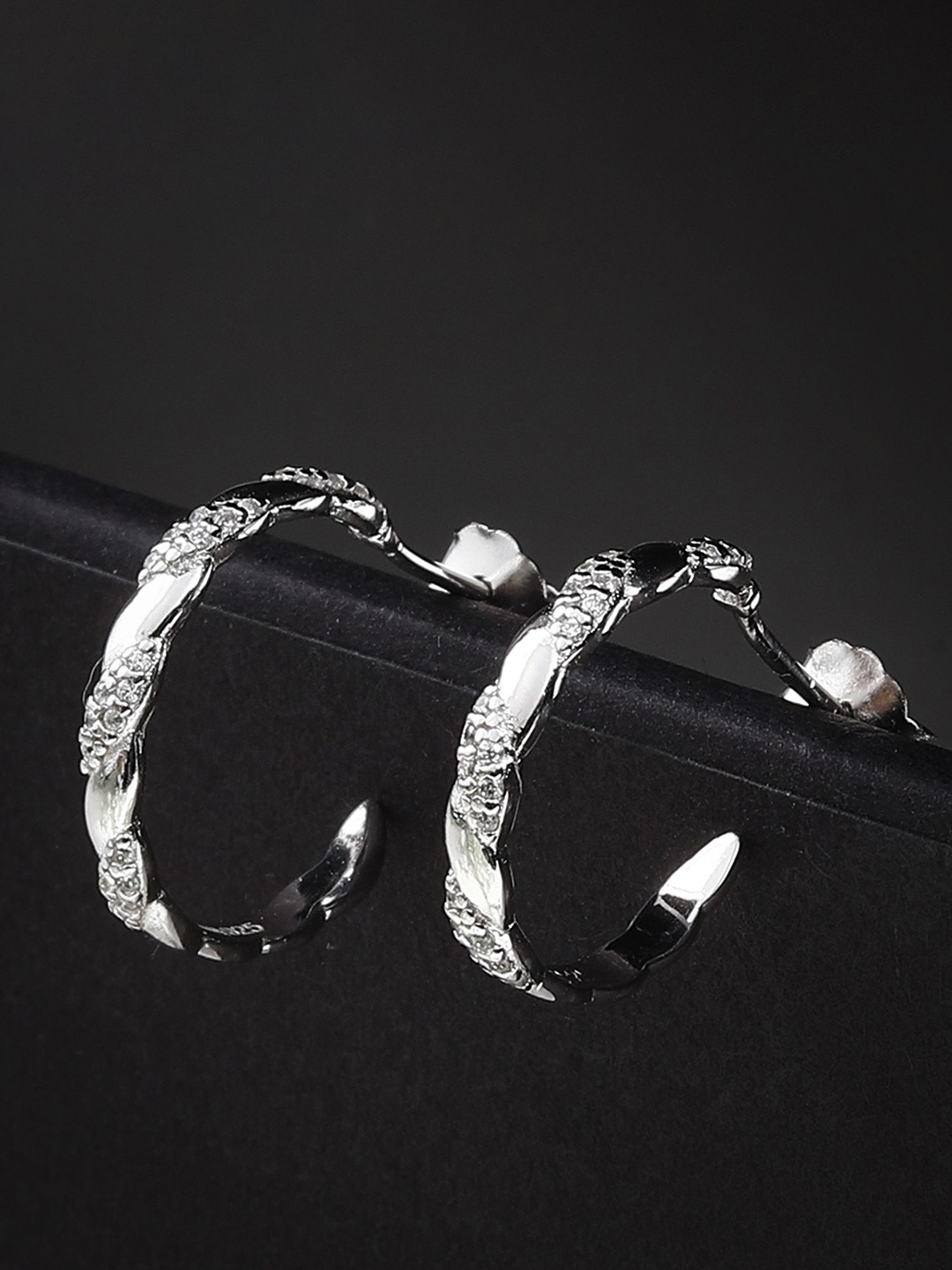 

DIAVO Rhodium Plated 925 Sterling Silver CZ Studded Contemporary Half Hoop Earrings