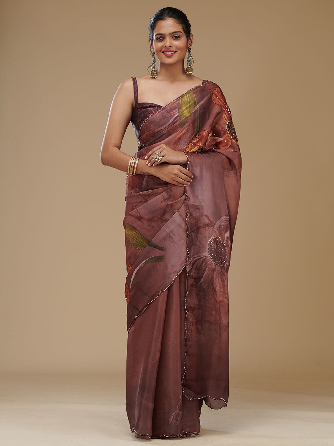 

Koskii Floral Tissue Saree, Brown