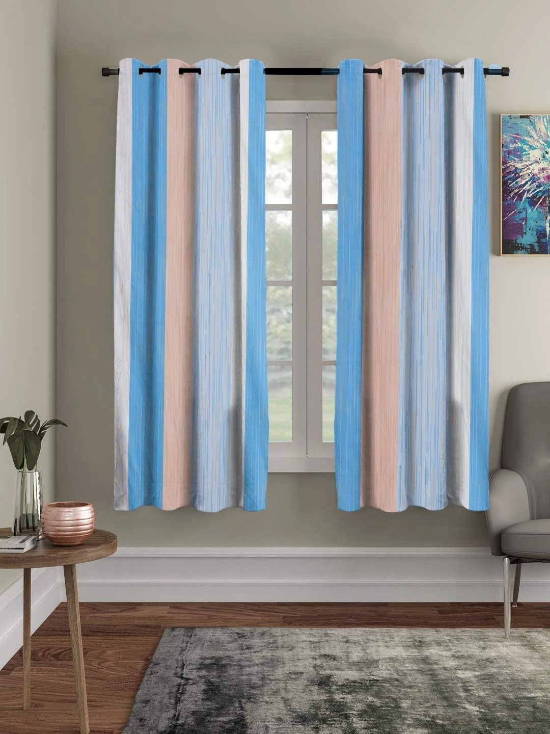 

Myntra Elegant Homes Blue & White Set of 2 Striped Sheer Window Curtain