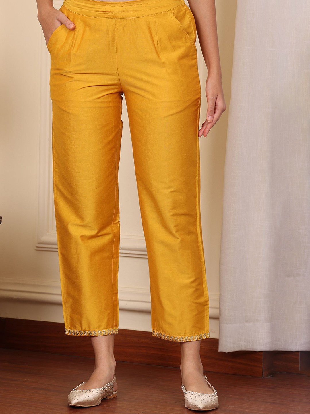 

W Women Regular Fit Embroidered Hemline Trousers, Yellow