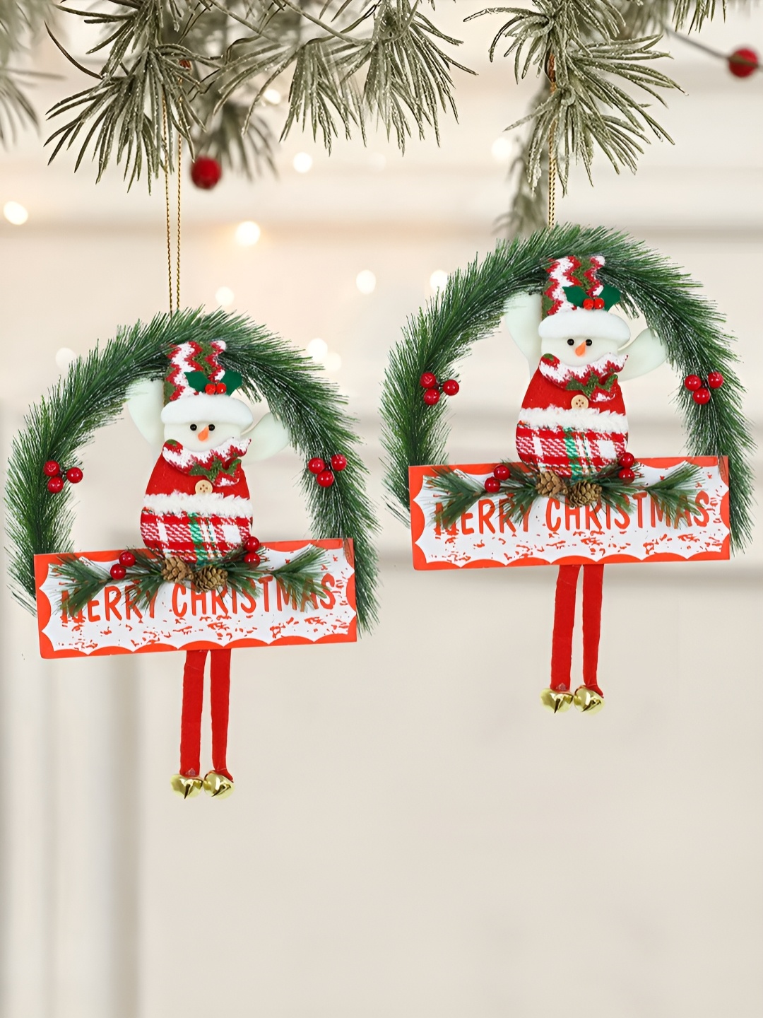 

TIED RIBBONS 2-Pcs Red & Green Merry Christmas Reindeer Wall Door Wreath Hanging Ornaments