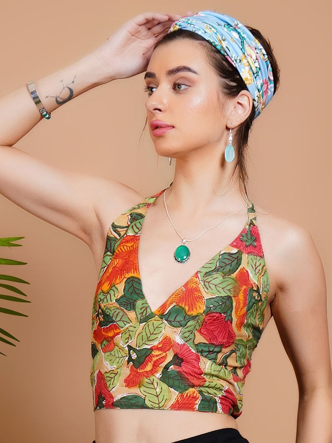 

Boholyfe Women Floral Printed Halter Neck Bohemian Cotton Bralette Crop Top, Red