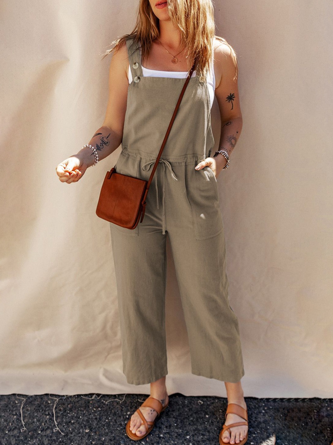 

StyleCast Women Shoulder Straps Cotton Basic Jumpsuit, Grey