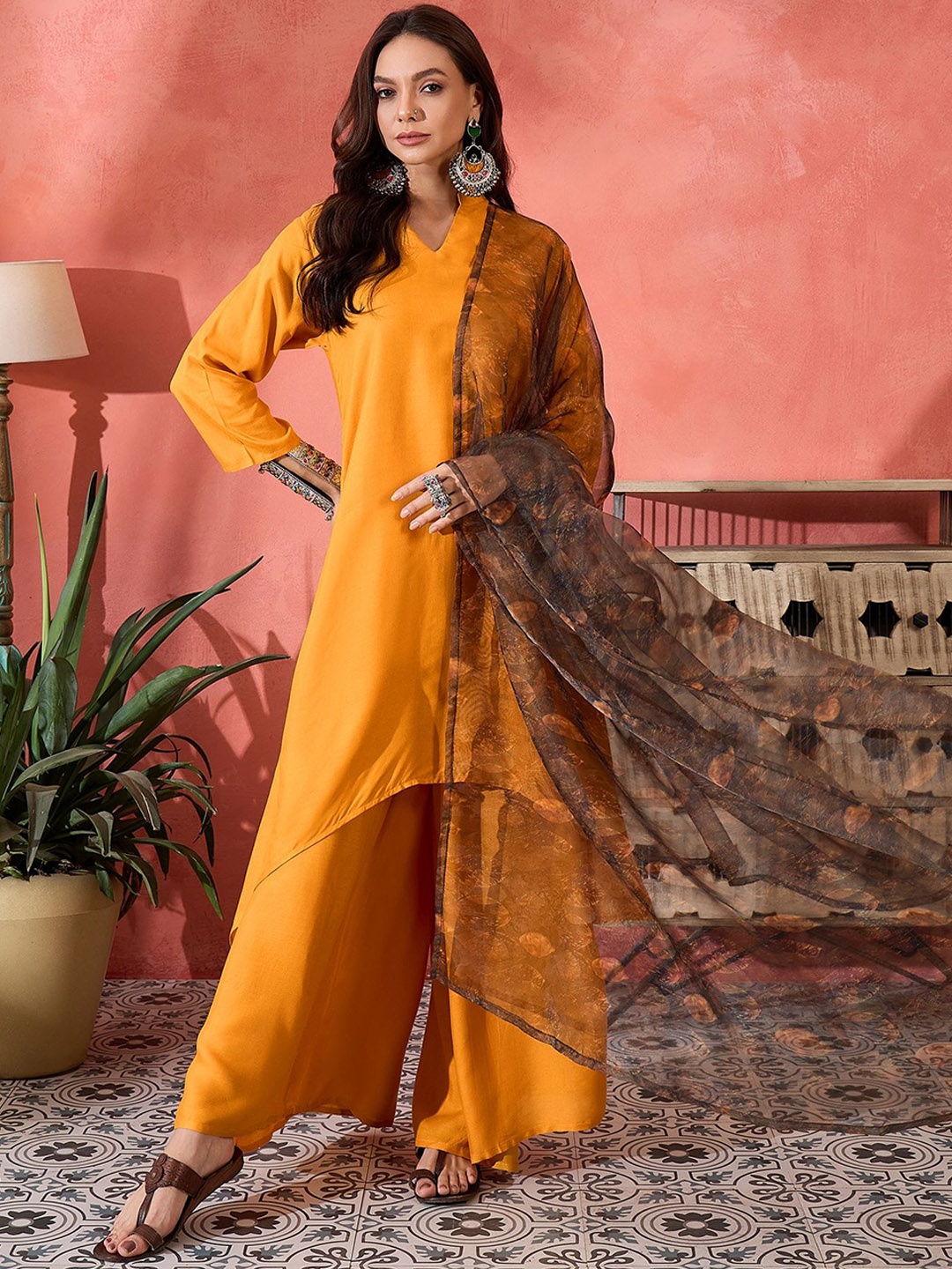 

InWeave Women Regular Kurta with Palazzos & With Dupatta, Mustard