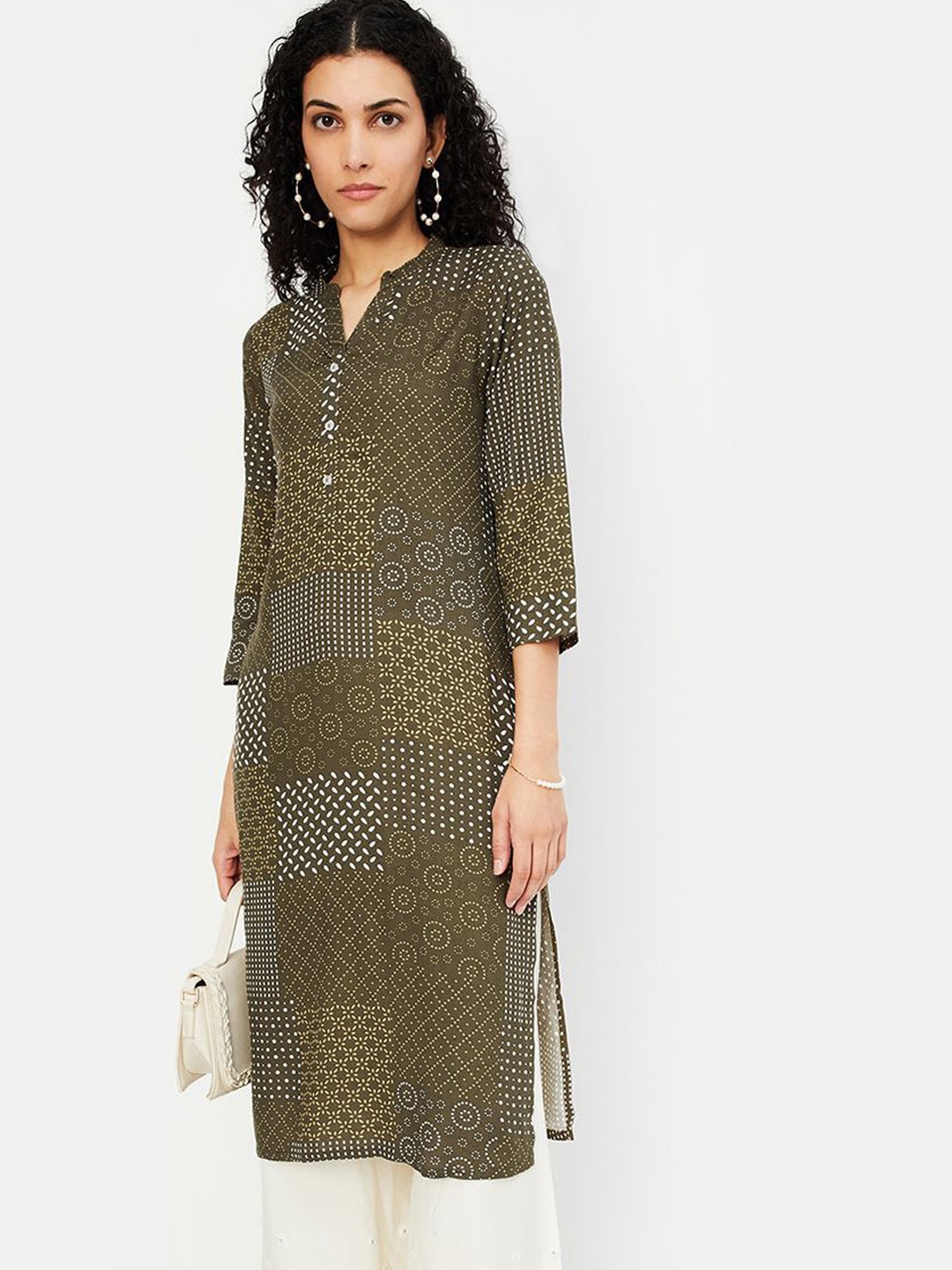 

max Women Geometric Printed Kurta, Grey