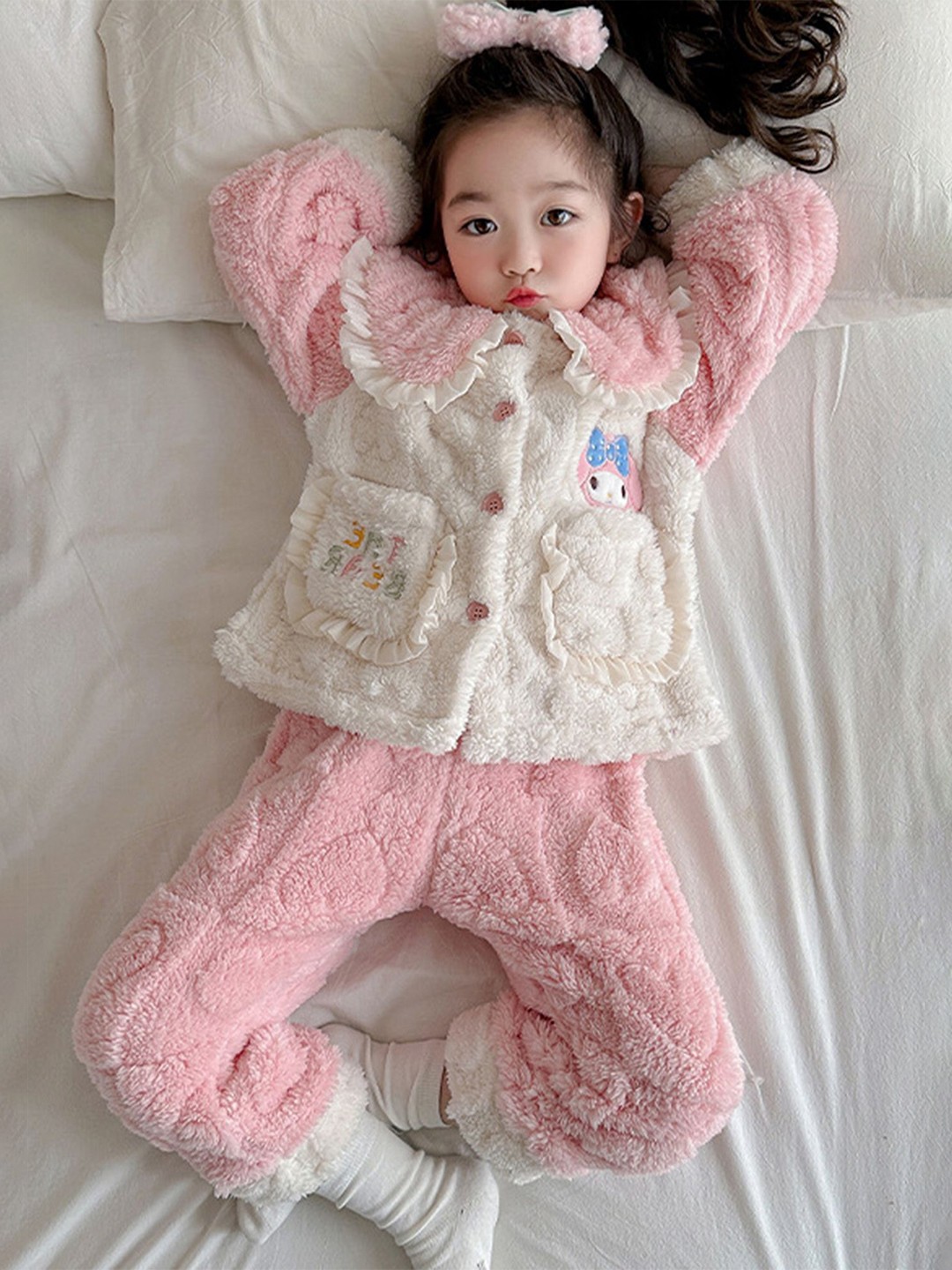 

LULU & SKY Girls Self Design Spread Collar Long Sleeves Shirt With Trouser, Pink