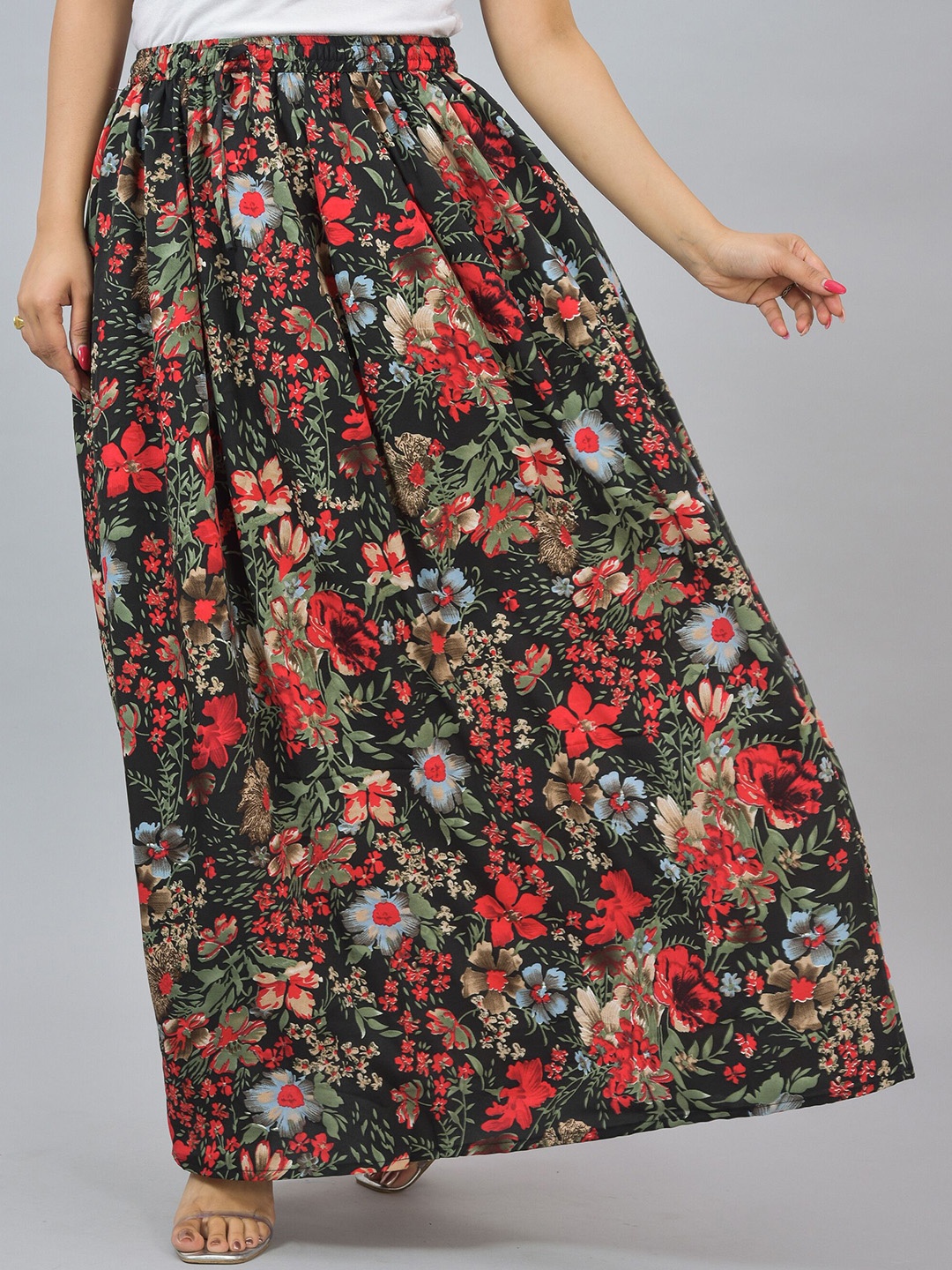 

KALINI Women Floral Printed Flared Maxi Skirt, Black