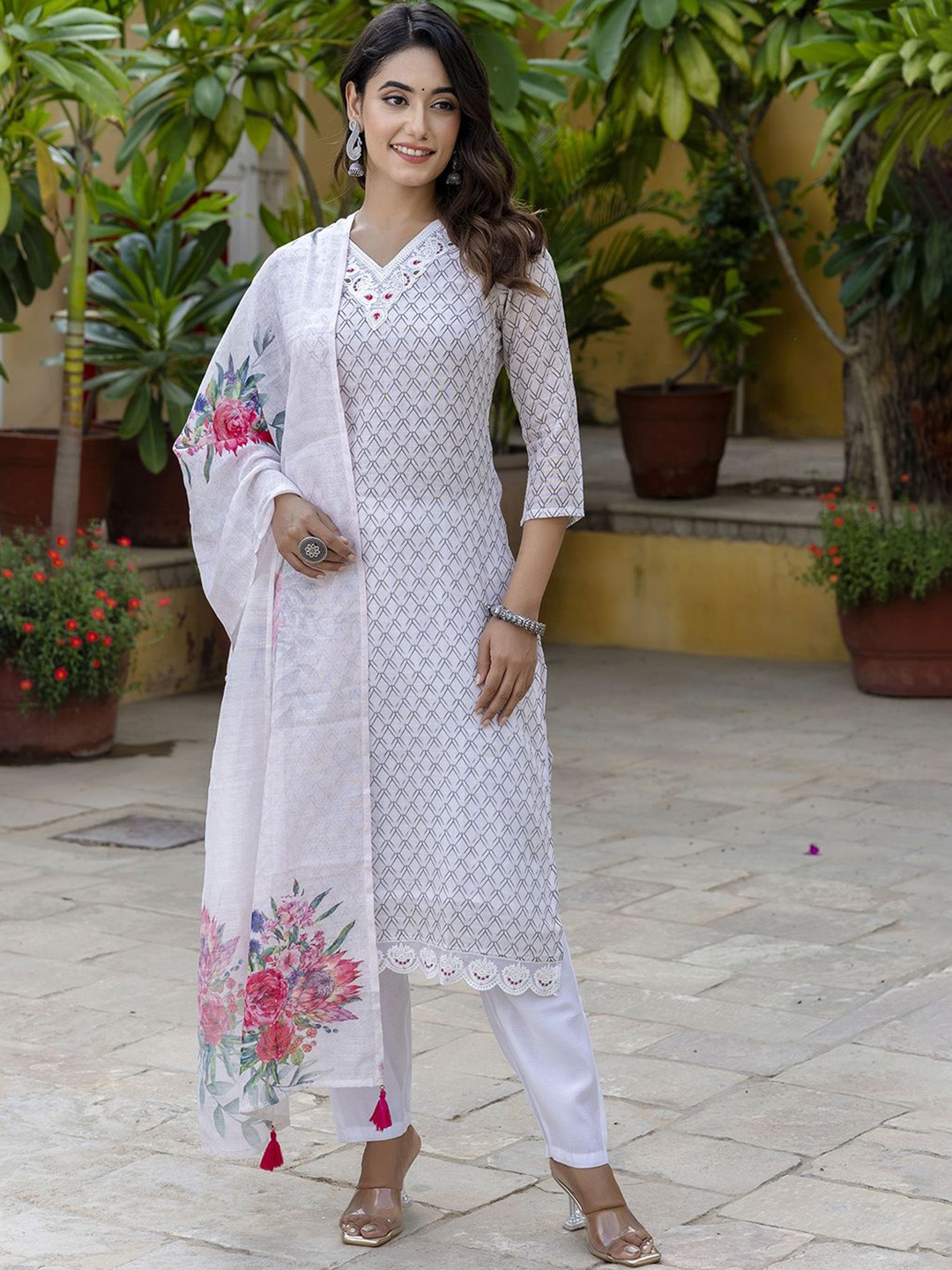 

Navlik Women Printed Regular Thread Work Linen Kurta with Trousers & With Dupatta, Off white