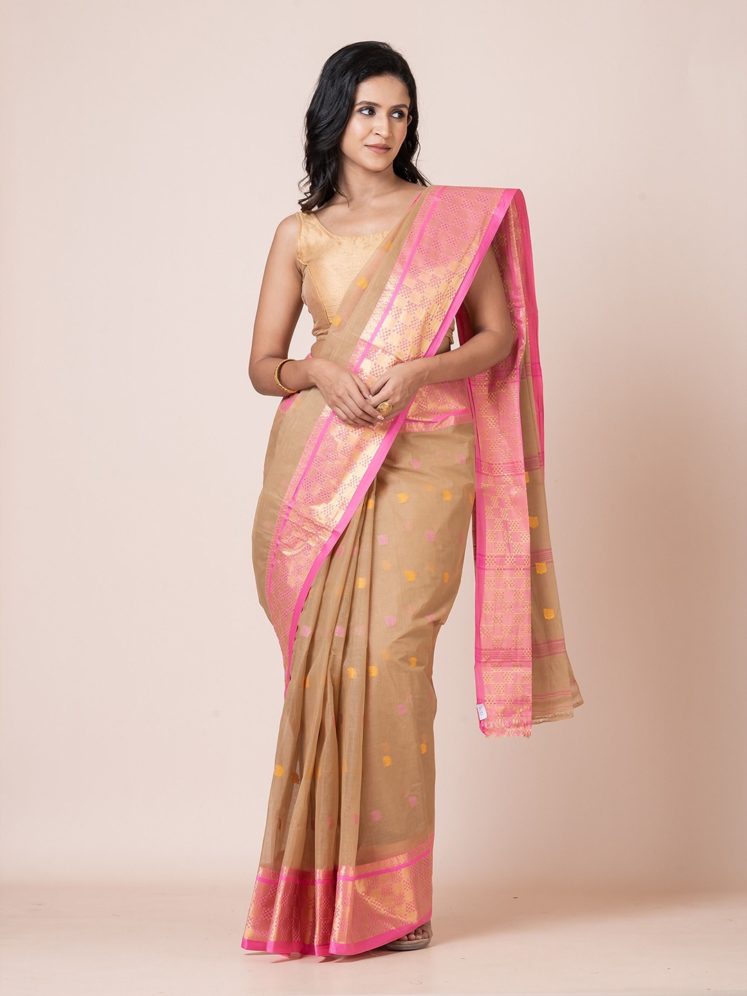 

PUKU Woven Design Zari Pure Cotton Saree, Beige