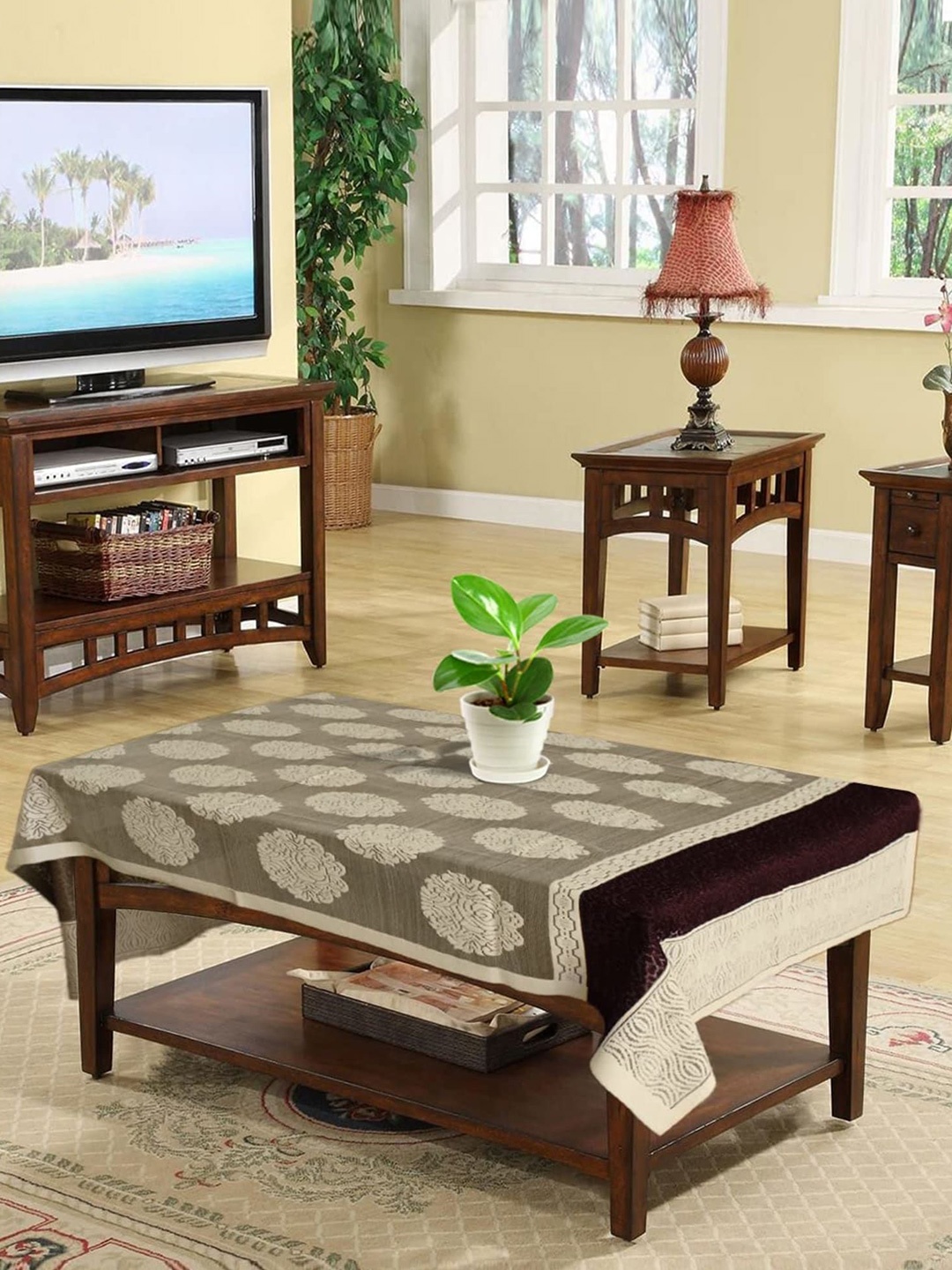 

Kuber Industries Cream-Coloured Ethnic Motifs Cotton 4-Seater Table Cover with Textured details