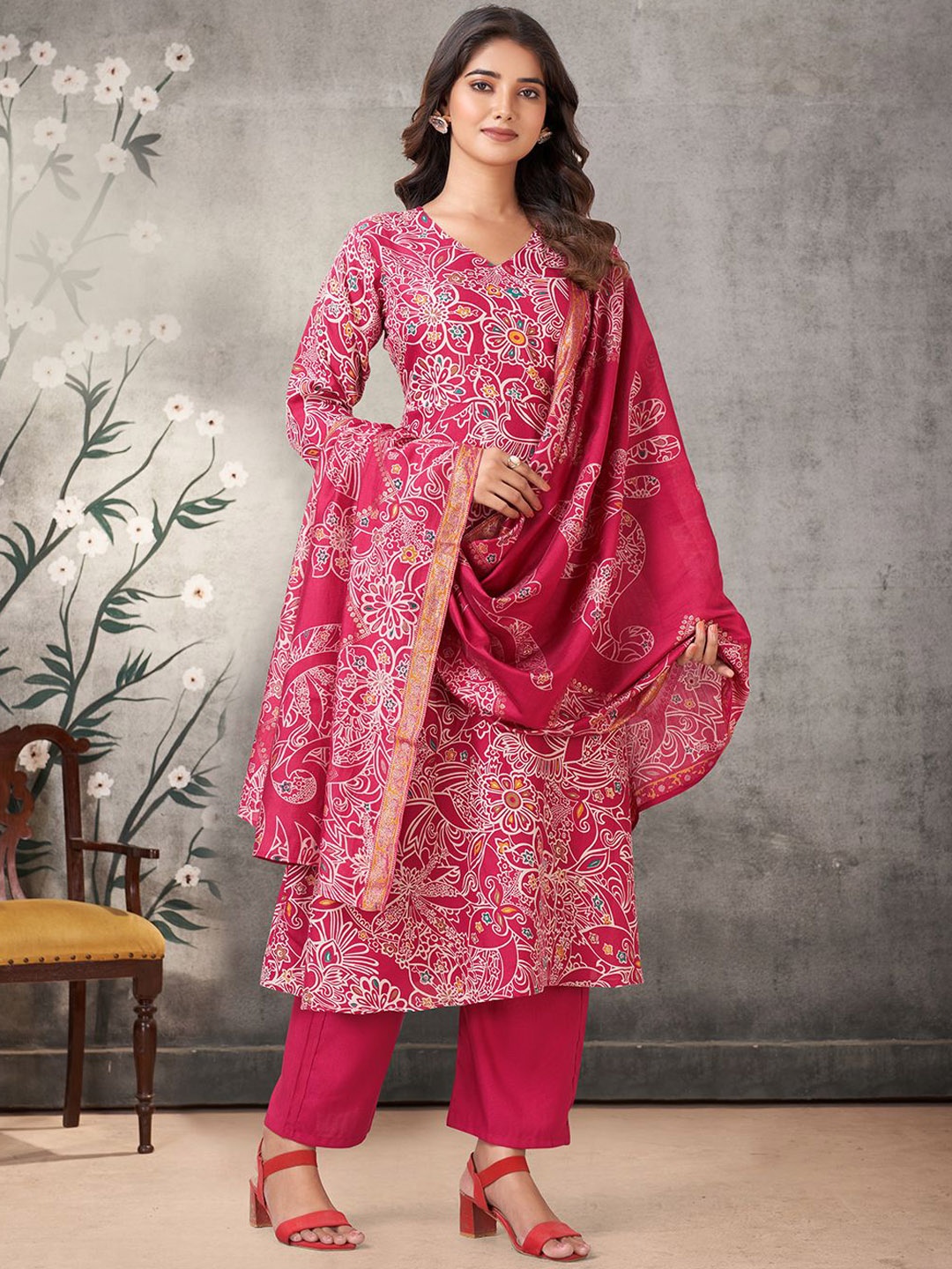 

KALINI Women Ethnic Motifs Printed Regular Kurta with Palazzos & With Dupatta, Pink