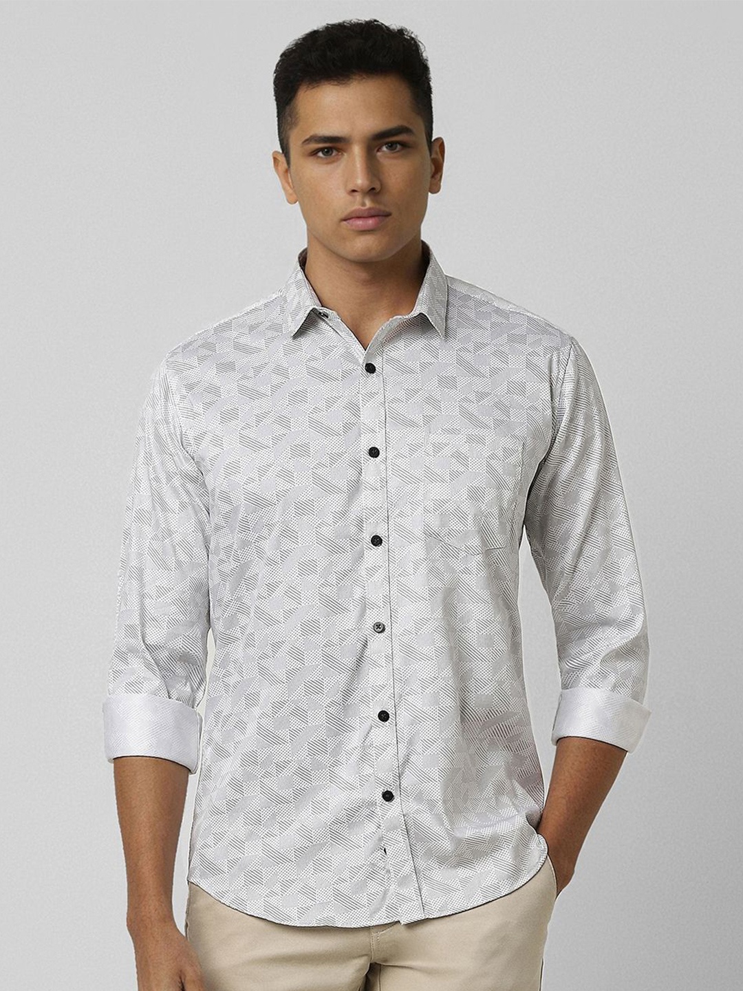 

V Dot Men Slim Fit Opaque Printed Casual Shirt, Grey
