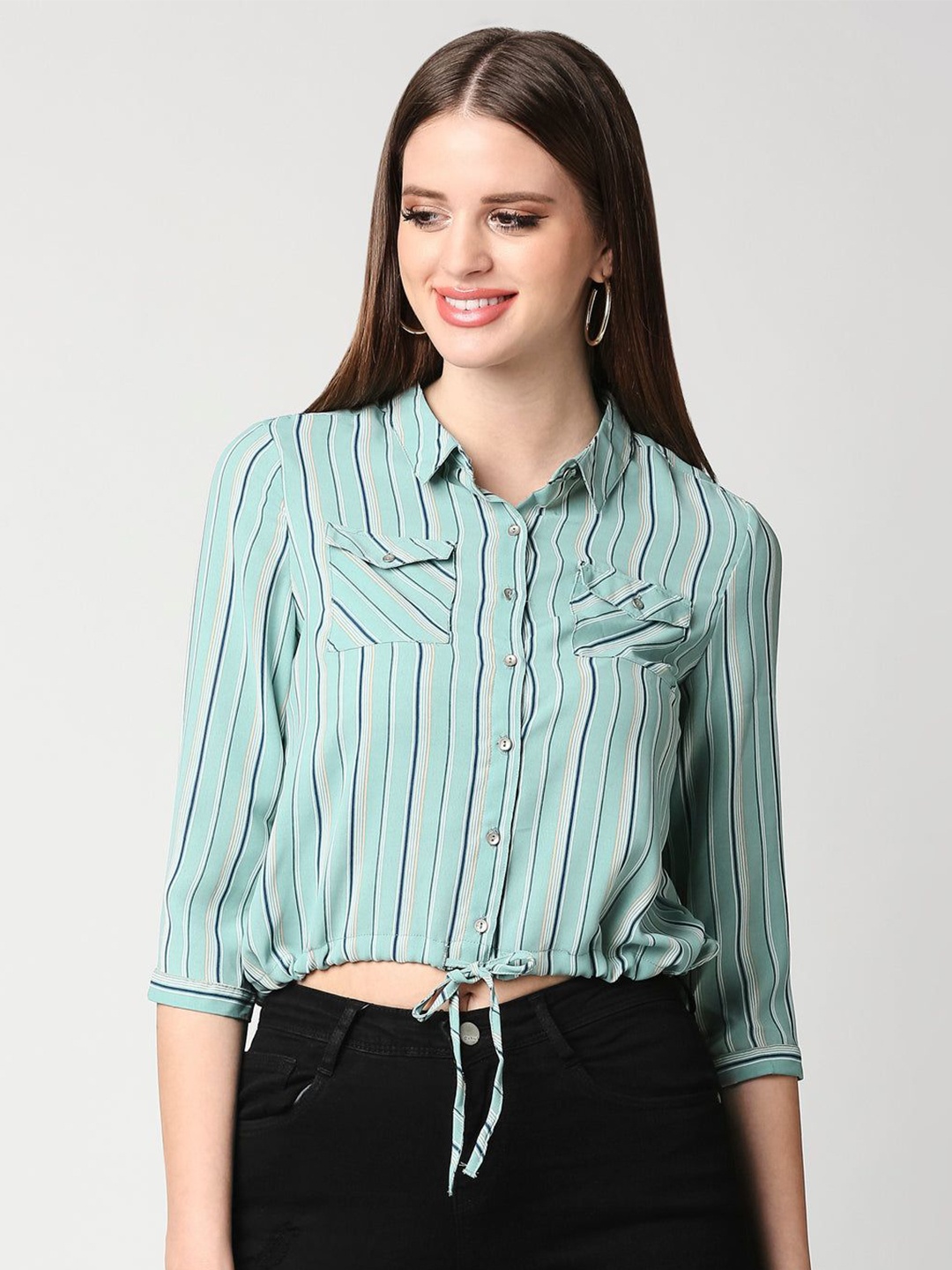 

Kraus Jeans Women Slim Fit Opaque Striped Casual Shirt, Green