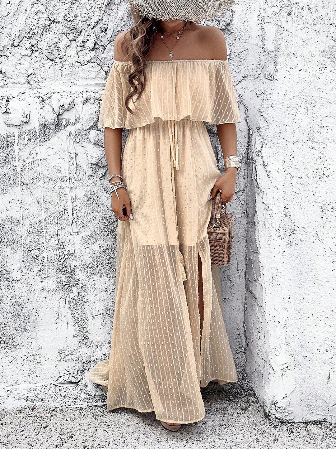 

StyleCast x Revolte Women Self Design Off-Shoulder Maxi Dress, Beige