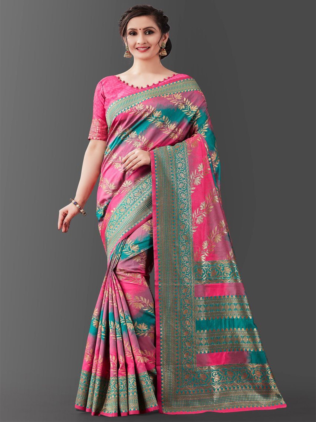 

Jinax Woven Design Zari Pure Silk Banarasi Saree, Pink