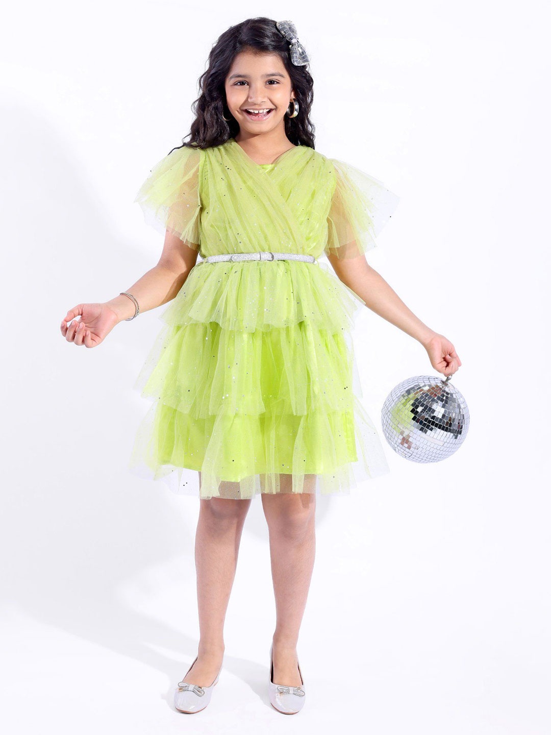 

Hola Bonita Girls Embellished Net Fit & Flare Tiered Dress With Belt, Green