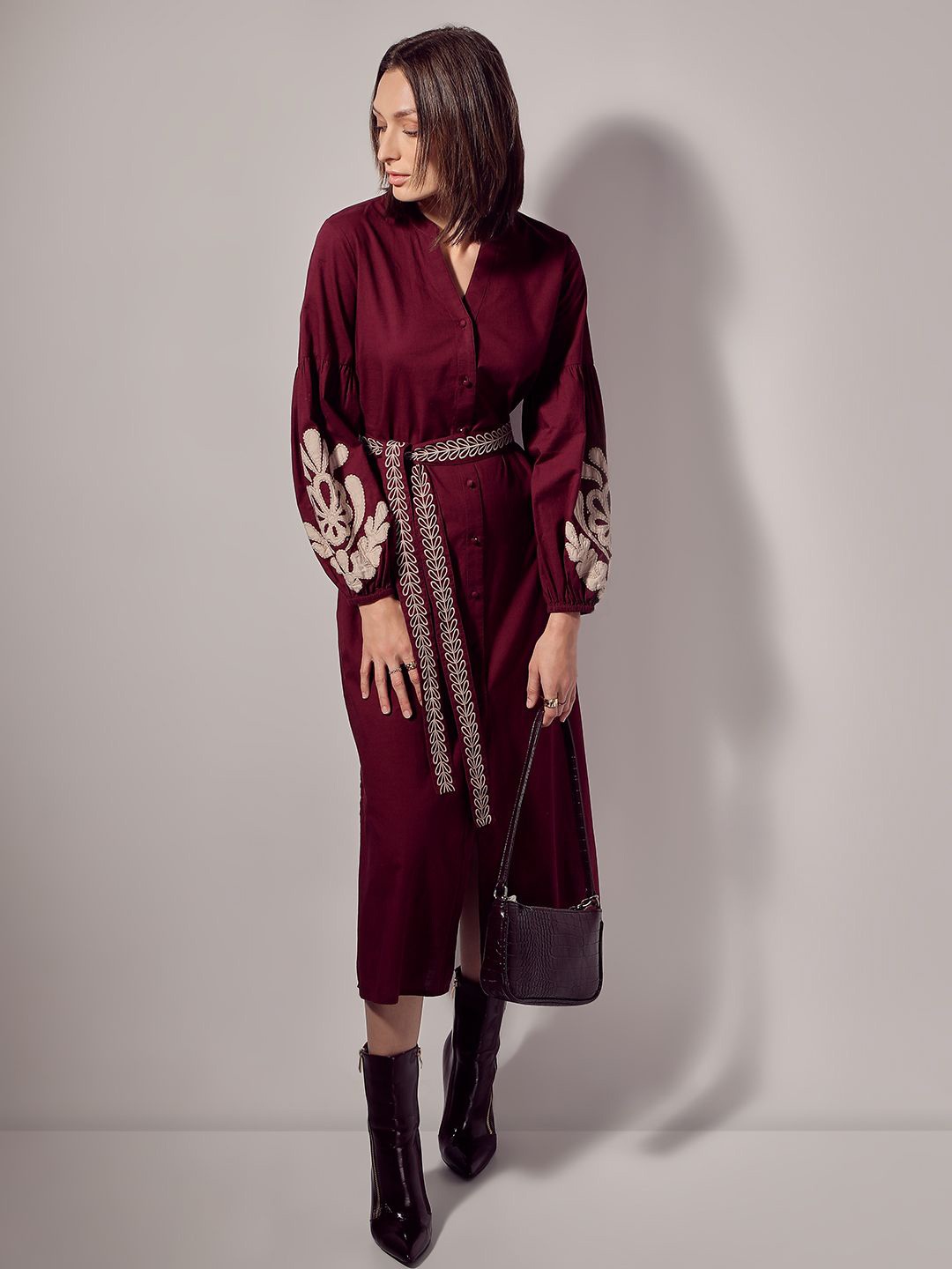 

Vero Moda Women Cotton Floral Embroidered Puff Sleeves A-Line Midi Dress, Maroon