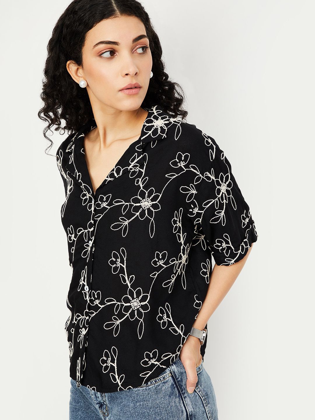 

max Women Floral Printed Lapel Collar Top, Black