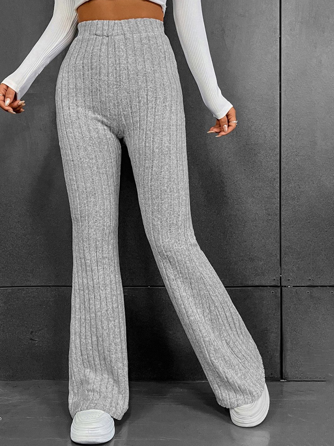 

StyleCast Women Striped High-Rise Wide Leg Trousers, Grey