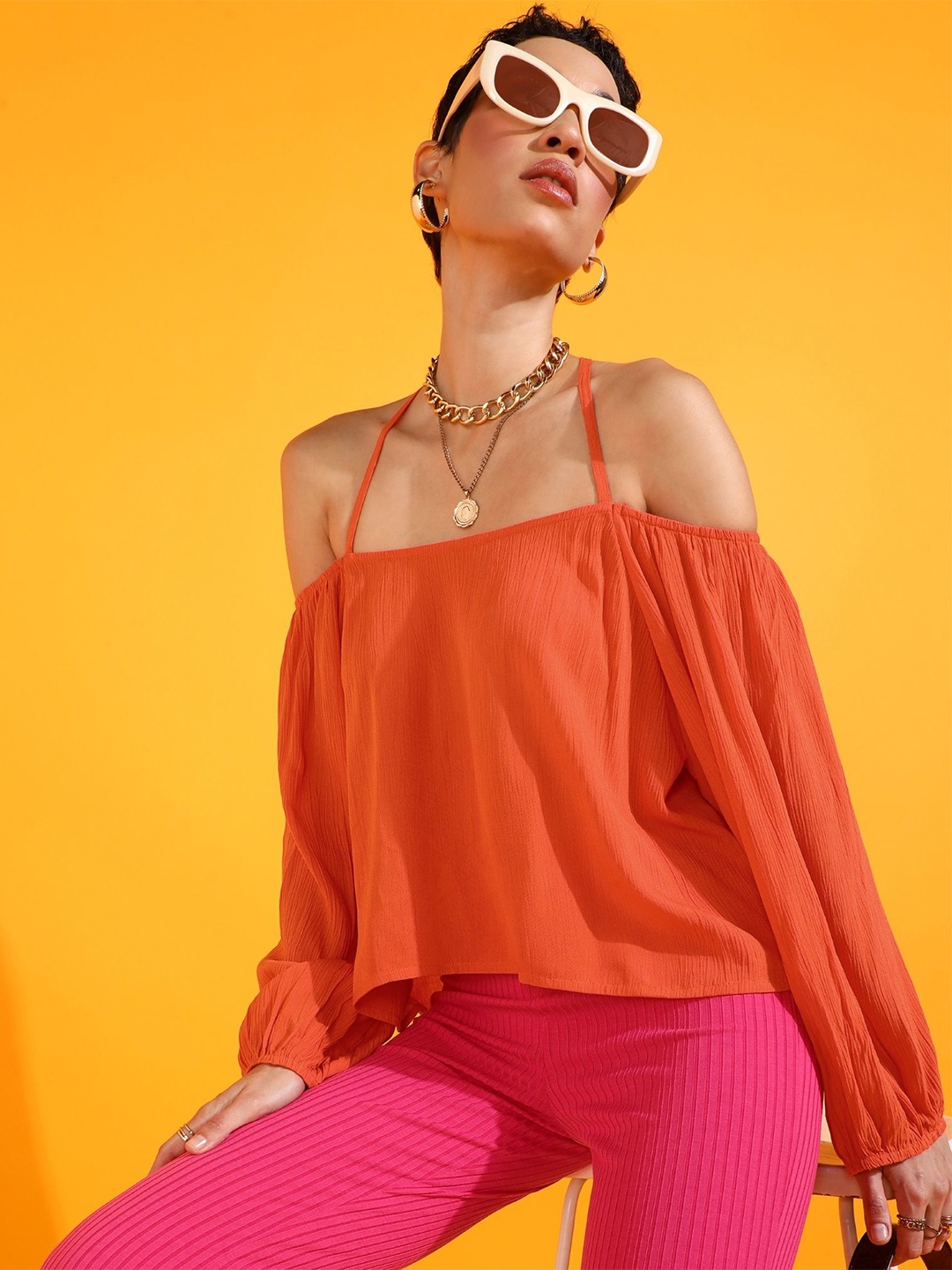 

PRETTY LOVING THING Women Off-Shoulder Bardot Top, Orange