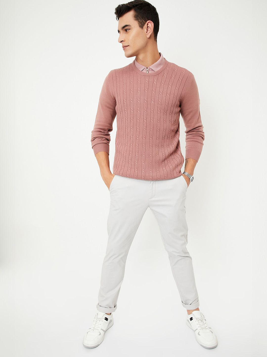 

max Men Cable Knit Pullover, Pink