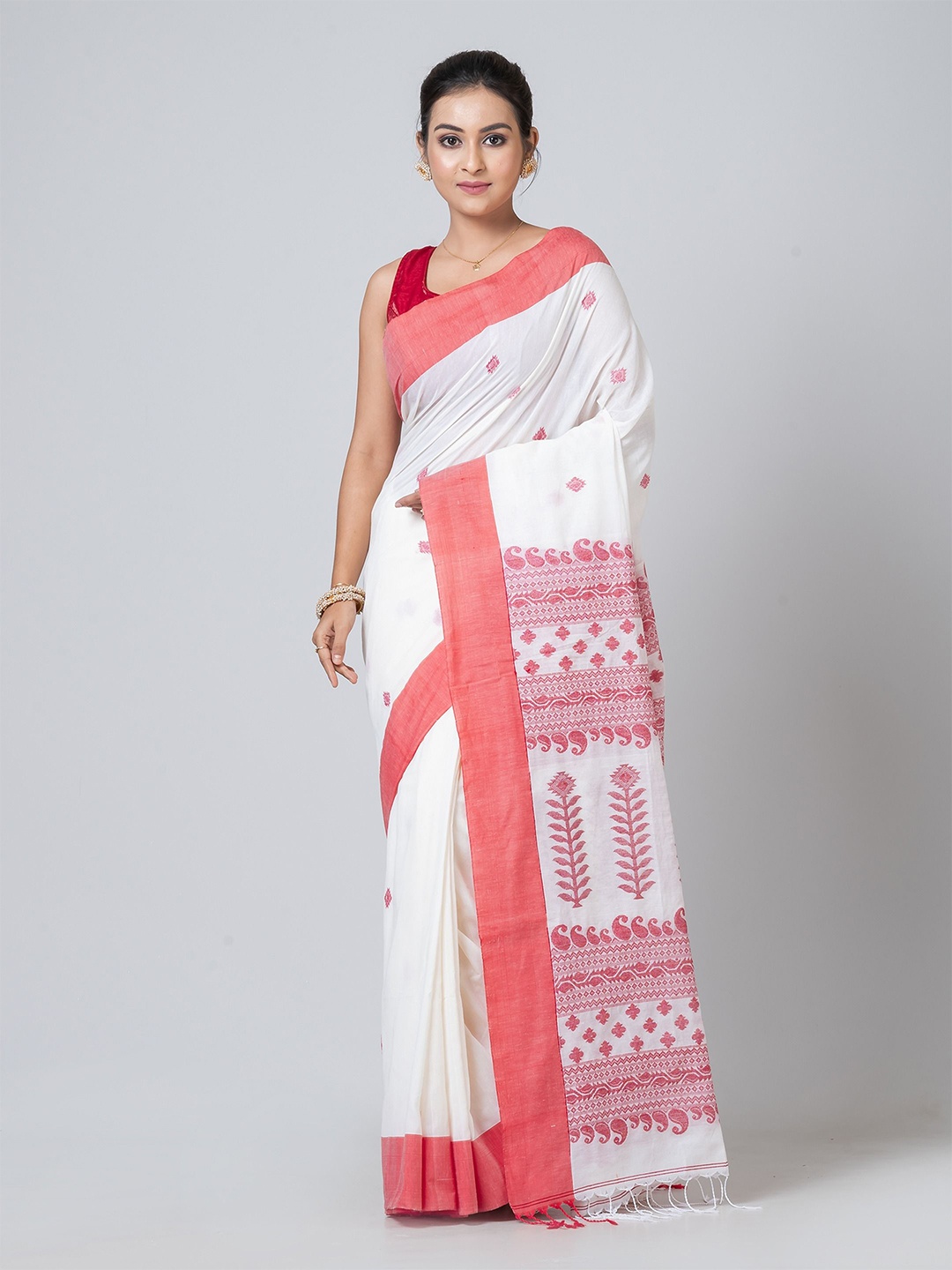

PUKU Woven Design Pure Cotton Saree, White