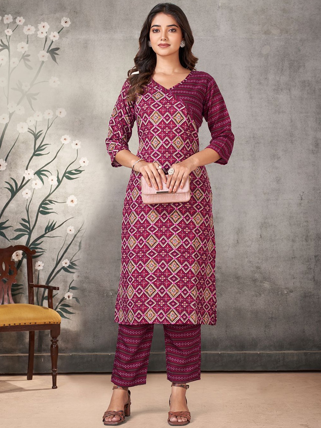 

KALINI Women Ethnic Motifs Printed Regular Kurta with Trousers, Maroon
